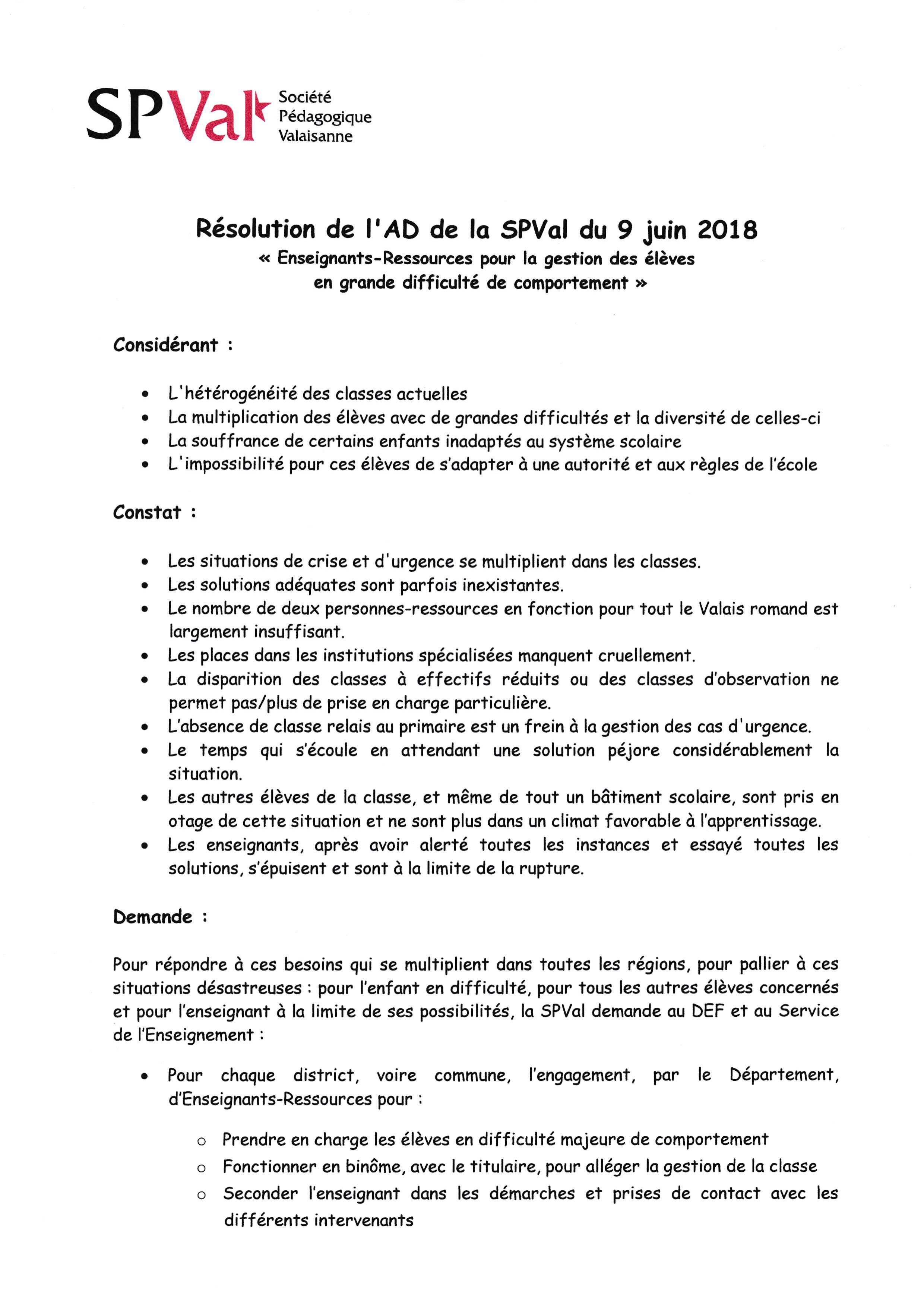 Résolutions Enseignants ressources gestion élèves  AD SPVal 2018