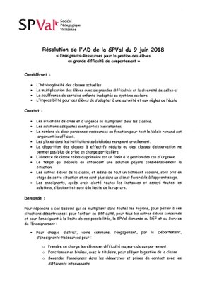 Résolutions Enseignants ressources gestion élèves  AD SPVal 2018